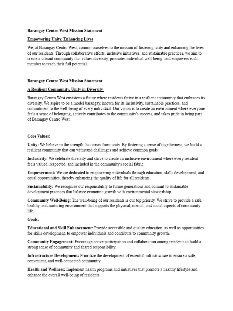 Barangay Centro West Mission, Vision, CoreValues and Goals PDF