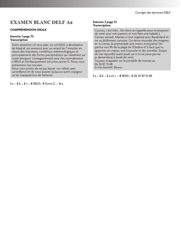 Corrigés DELF A2 : Examens Blancs | PDF