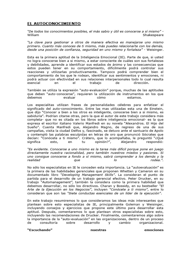 El Autoconocimiento Pdf Las Emociones Inteligencia Emocional
