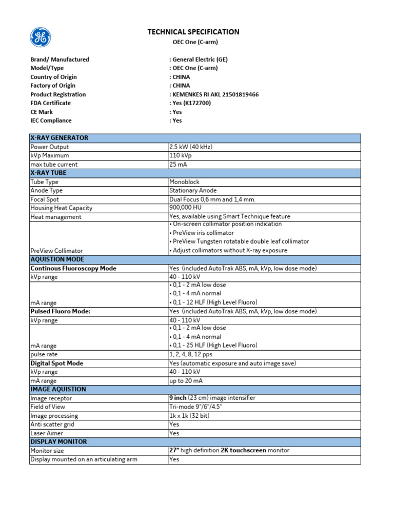 GE OEC One C-Arm Technical Specs | PDF | Computer Monitor | Information ...