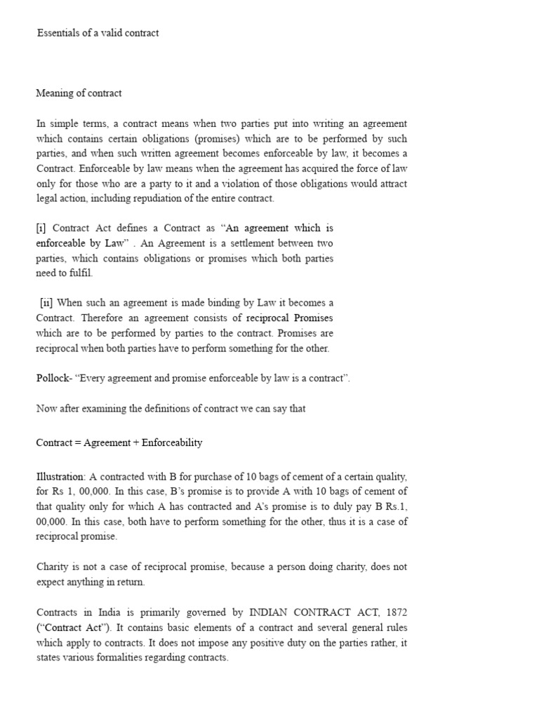 Essentials of a valid contract under indian contract act 1872 pdf