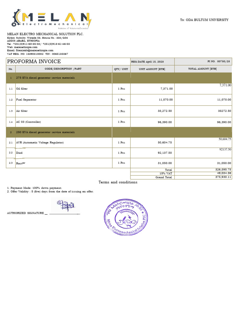 Proforma Invoice for Generator Parts | PDF | Electrical Components ...