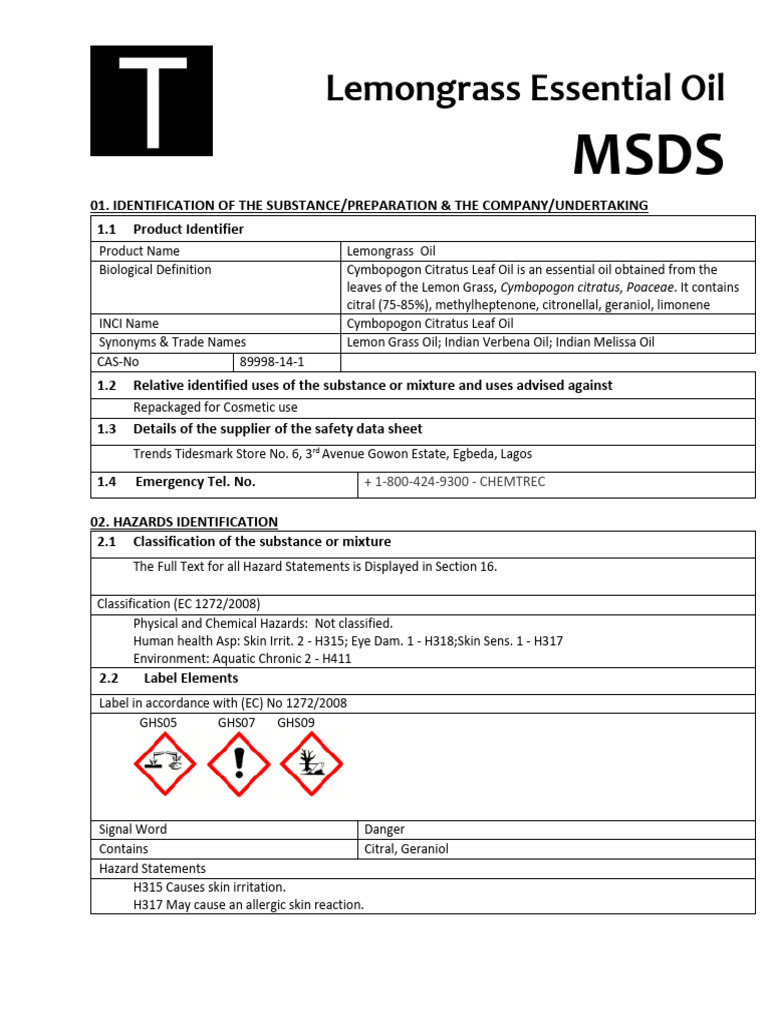 Lemongrass Essential Oil MSDS Tidesmark PDF Dangerous Goods