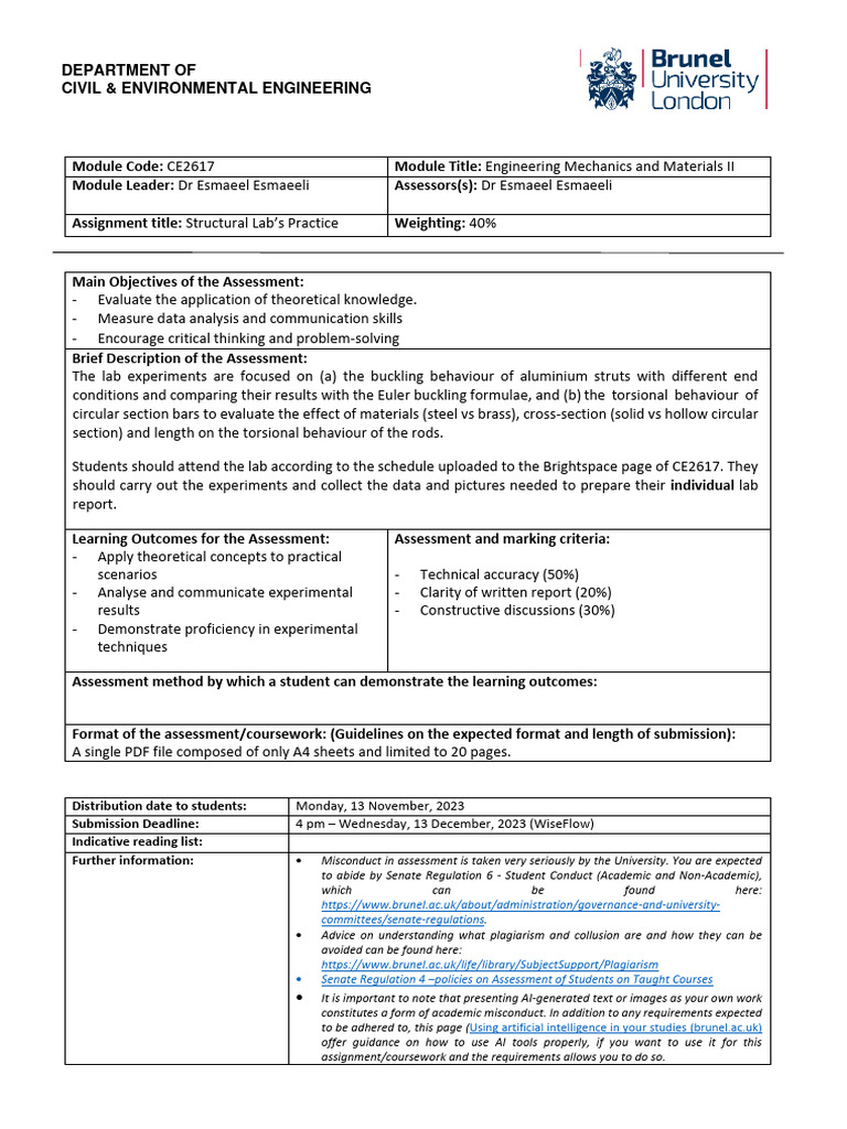CE2617 - Lab Brief - December 2023 | PDF | Buckling | Torque