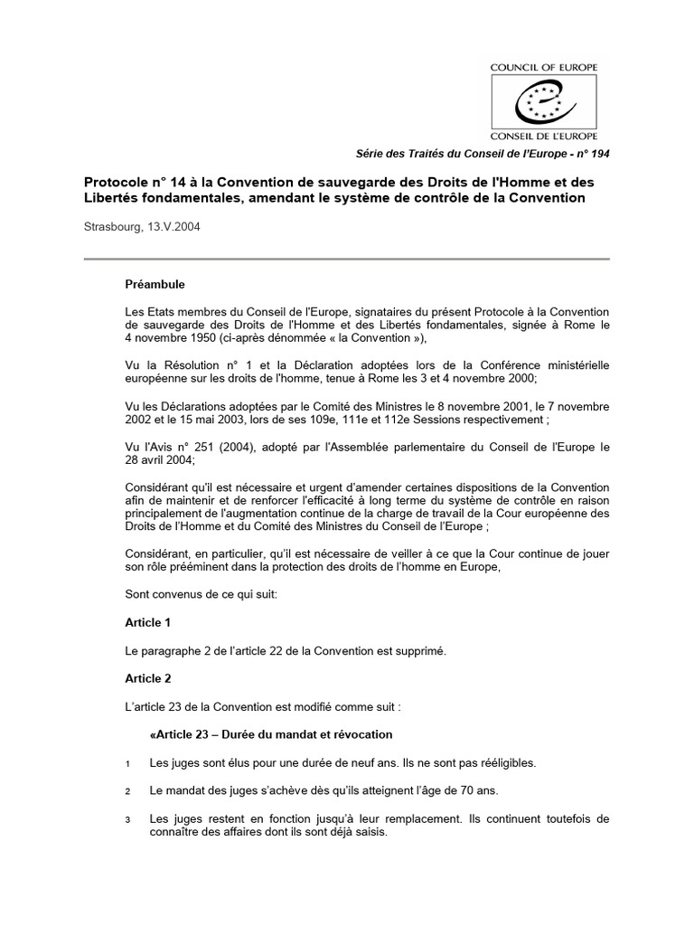 Protocole n° 14 à la CEDH | PDF | Convention européenne des droits de l ...