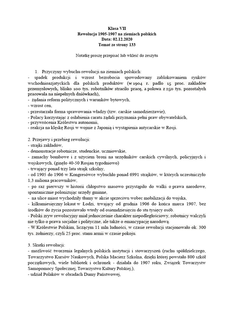 Wiosna Ludów Na Ziemiach Polskich Notatka Rewolucja 1905 Na Ziemiach Polskich | PDF