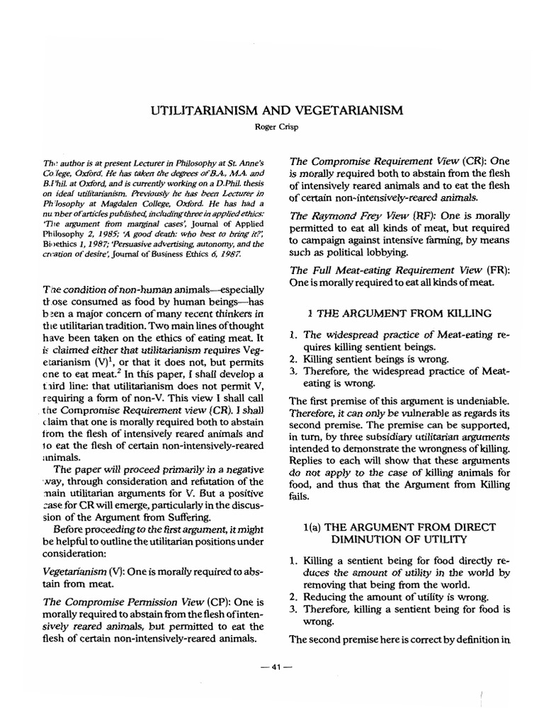 Utilitarianism and Vegetarianism Crisp PDF Utilitarianism Meat