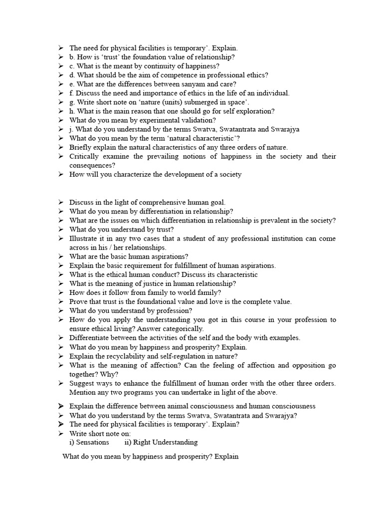 Question bank for universal human values pdf happiness consciousness
