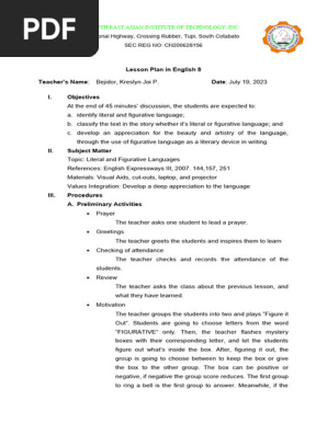 Lesson Plan for Figurative language 