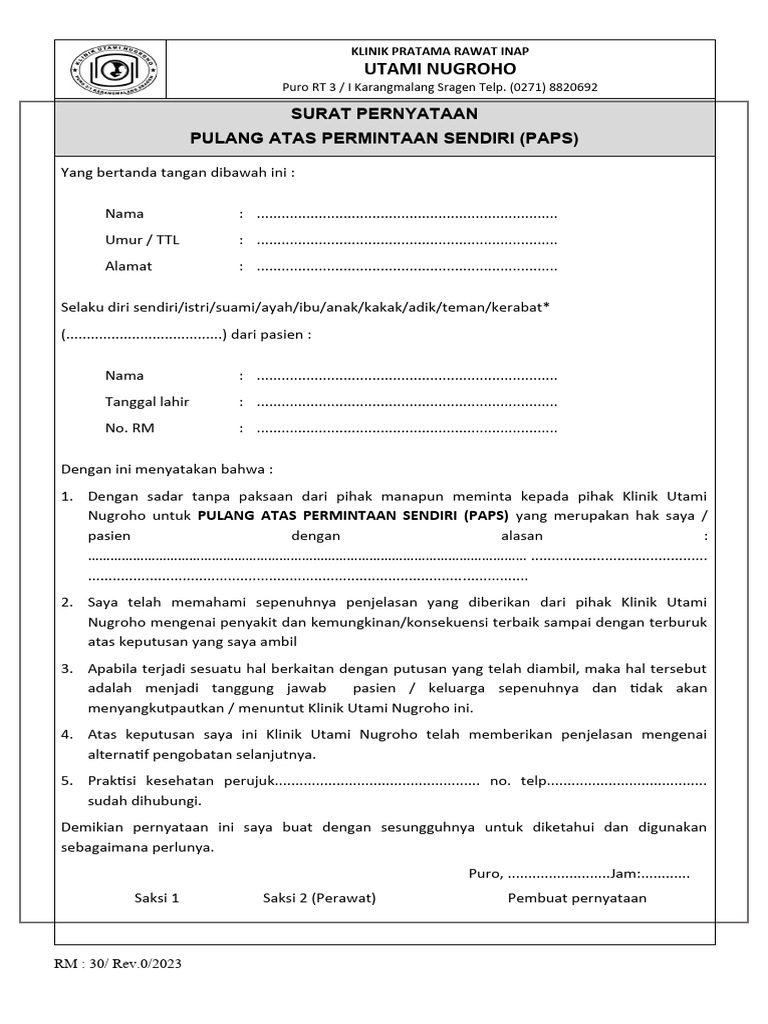 Surat Pernyataan PAPS Pasien Klinik Utami | PDF