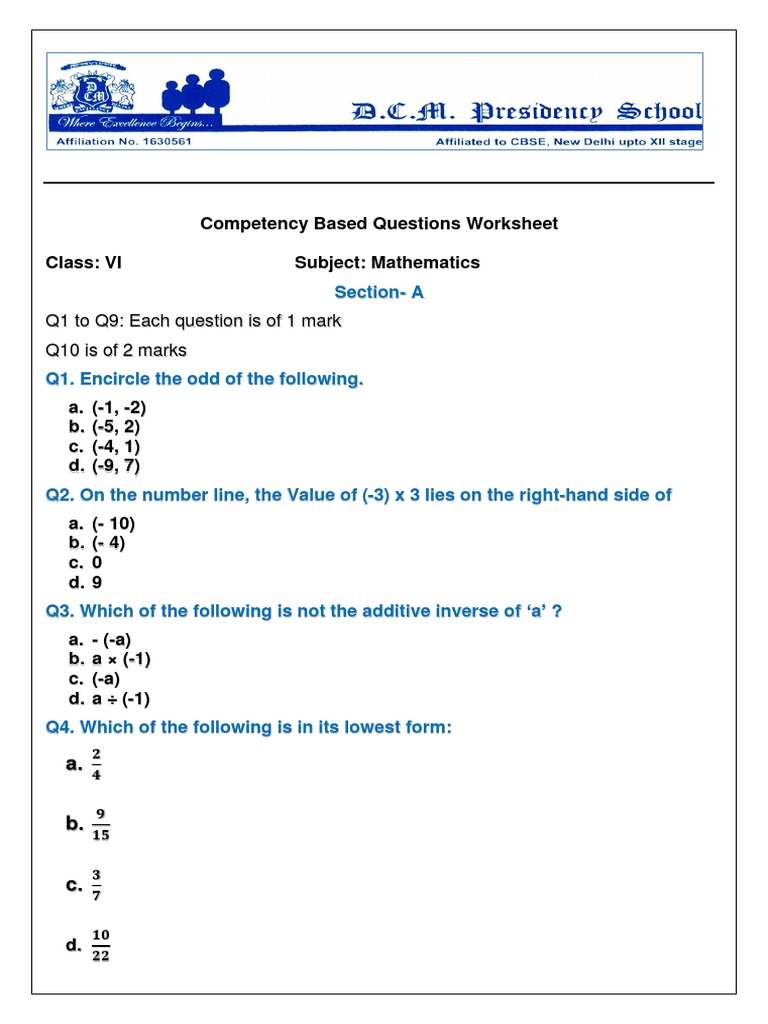 Class VI Worksheet Maths CBQ | PDF | Numbers | Mathematics