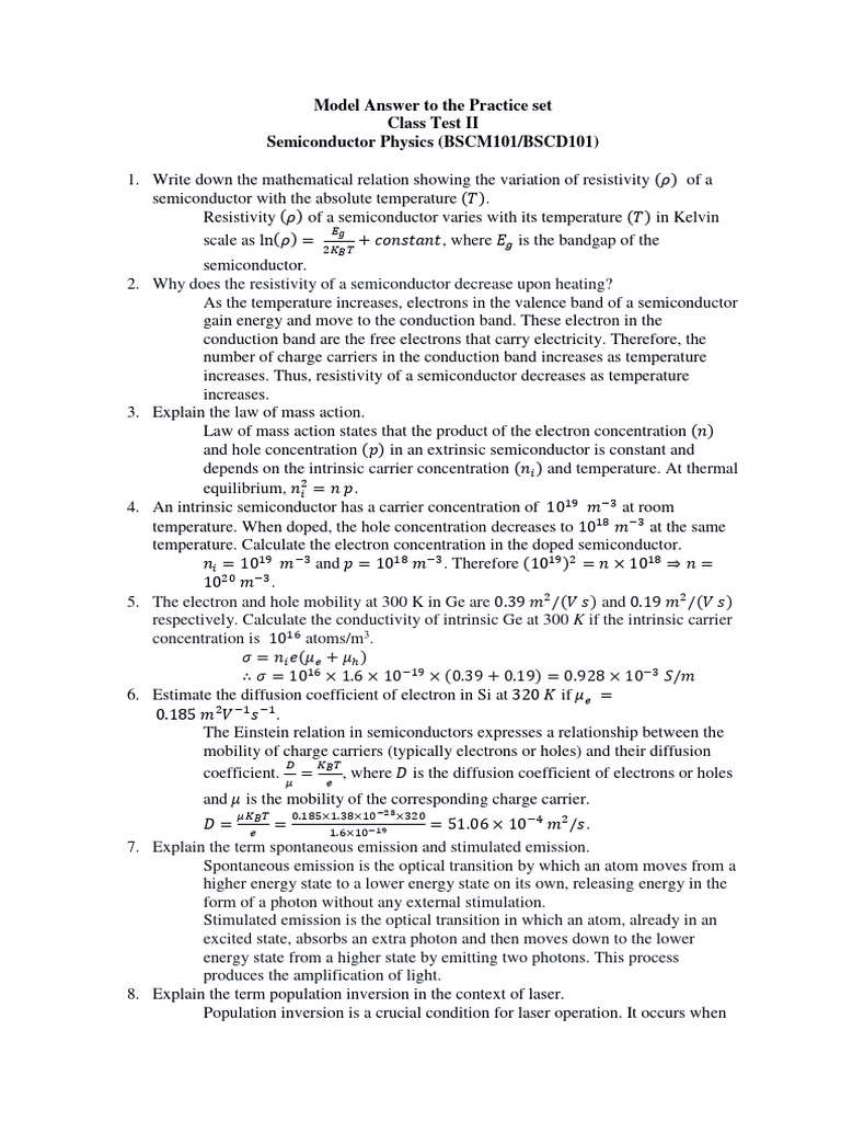 Semiconductor Physics Practice Test Solutions | PDF | Semiconductors ...