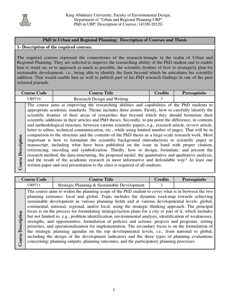 PhD URP Course Descriptions at KAU | PDF | Thesis | Geographic ...