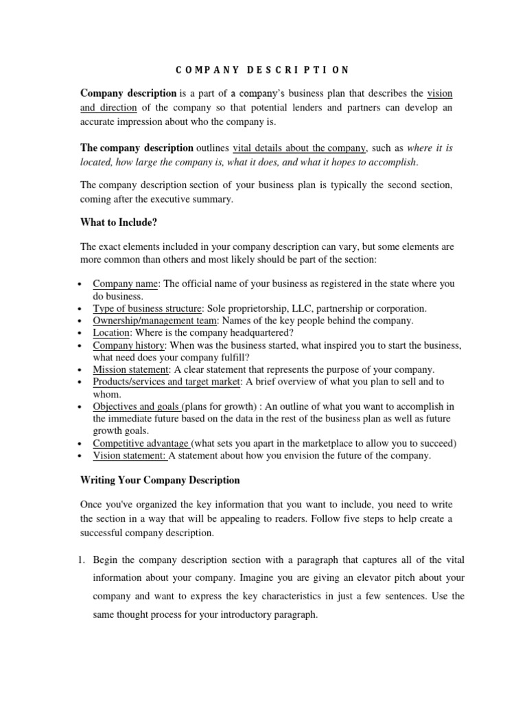 Company Description in Business Plans | PDF | Business Plan | Marketing