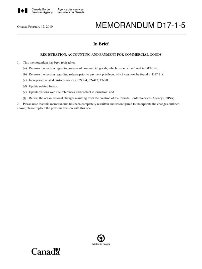 MEMORANDUM D17-1-5: in Brief | PDF | Cheque | Payments