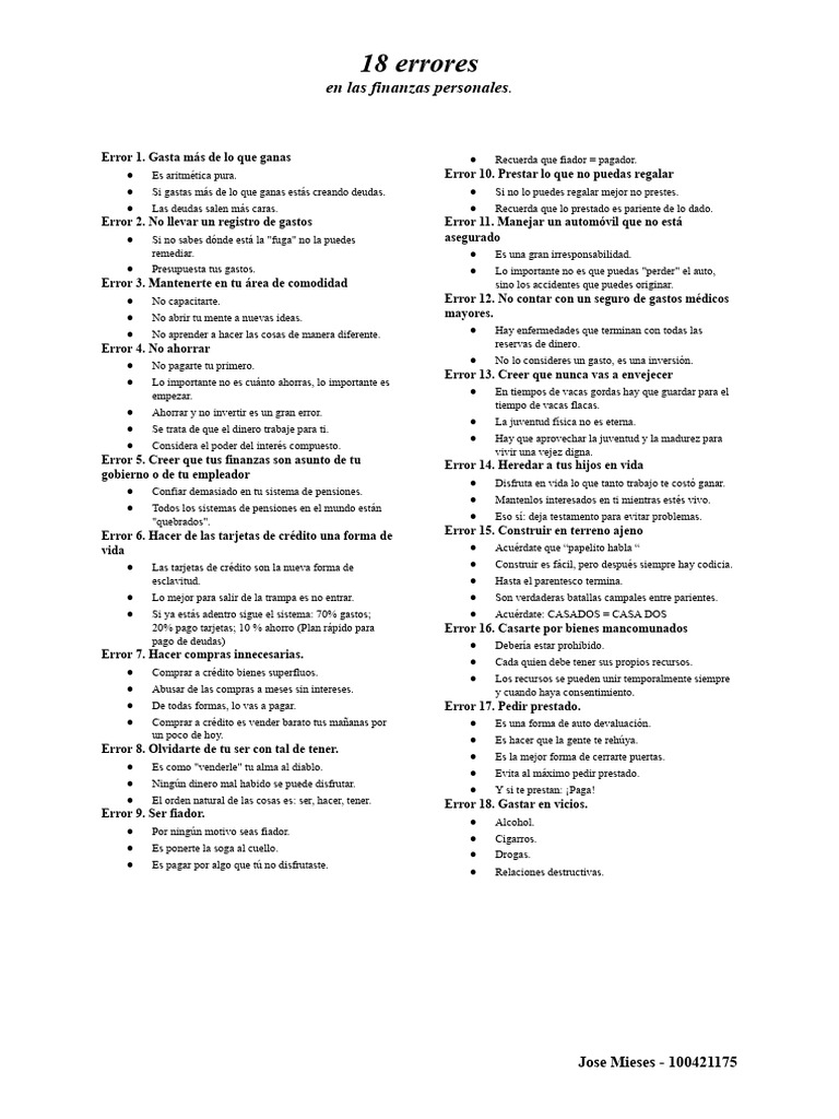 18 Errores de Las Finanzas Personales | PDF | Economias | Dinero