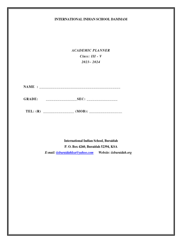 Academic Planner Class V PDF Self Esteem Linguistics