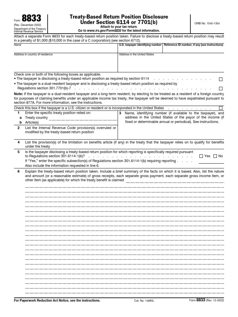 Treaty based return position disclosure under section 6114 or 7701 b