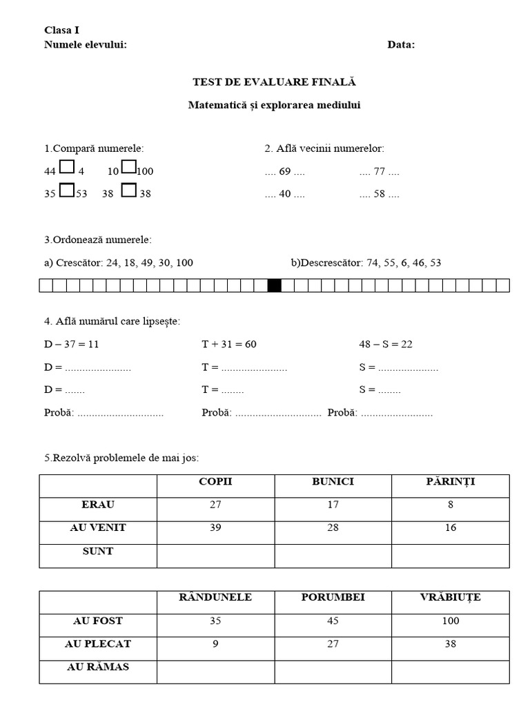 Test de Evaluare Finala Matematica Si Explorarea Mediului | PDF