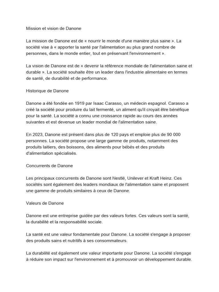 Mission et Vision de Danone | PDF | Nourriture et boisson | Économie