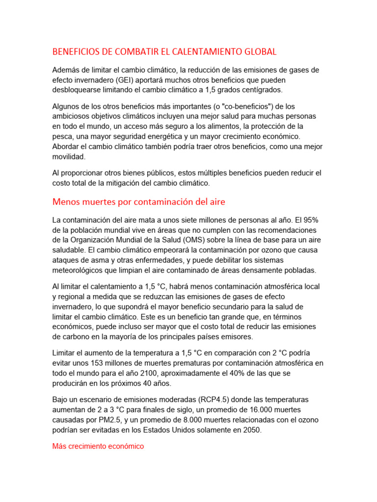 Beneficios de Combatir El Calentamiento Global | PDF | Cambio climático ...