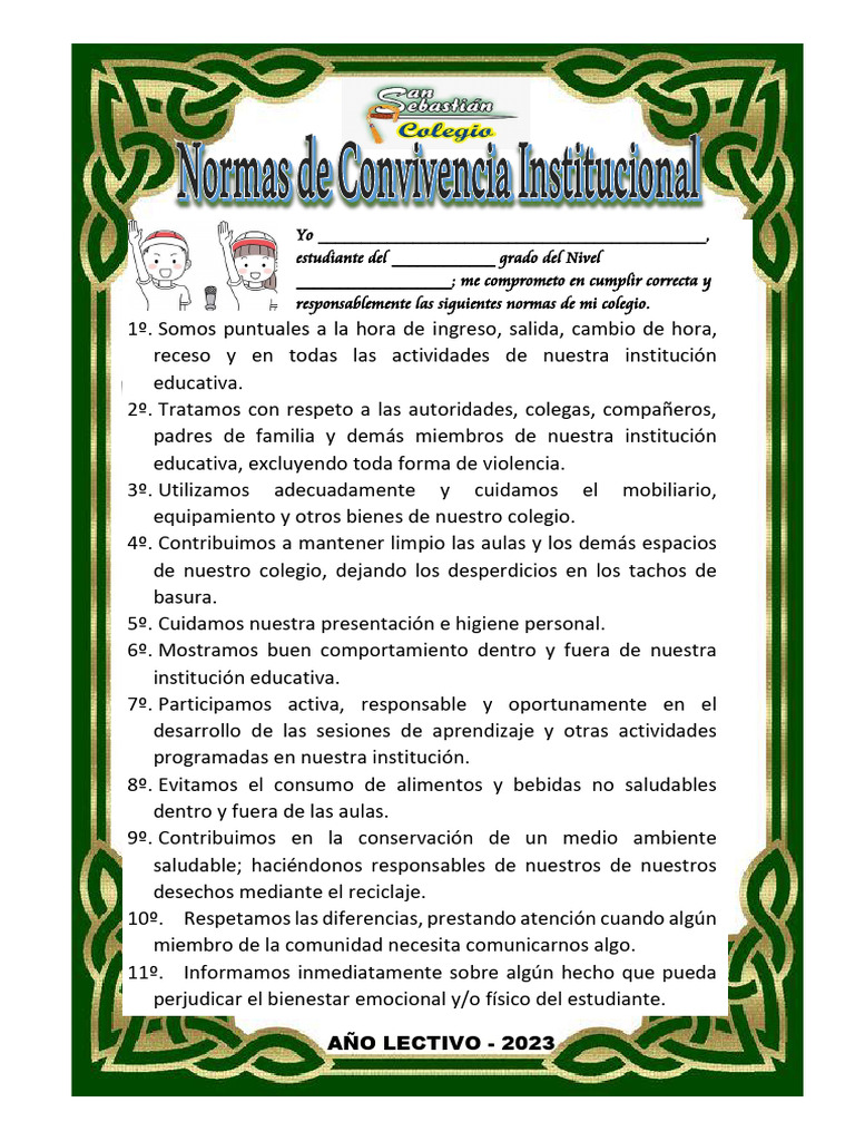 Normas de Convivencia I.E. San Sebastián 2023 | PDF | Salud y bienestar