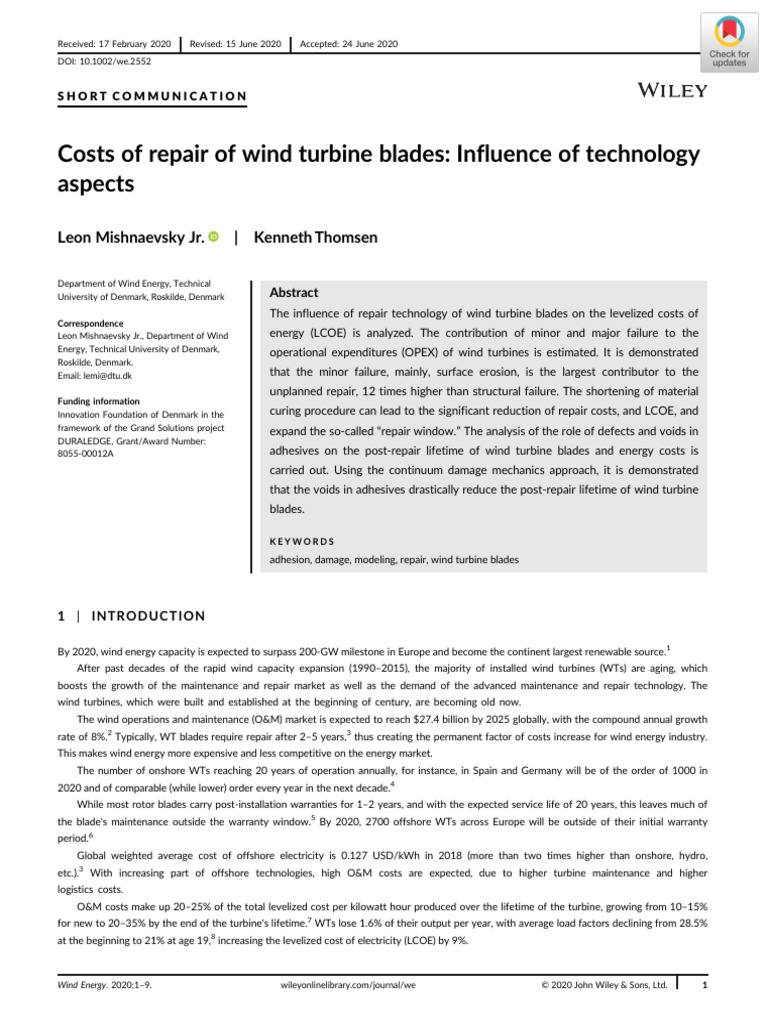 PAPER Costs of repair of wind turbine blades PDF Wind Turbine