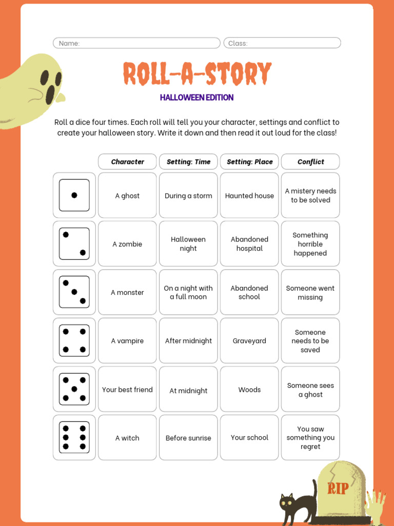 Halloween Roll-a-Story Worksheet in Orange White Illustrative Style | PDF