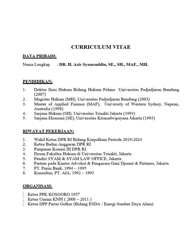 CV Aziz Syamsuddin | PDF | Ilmu Sosial | Hukum