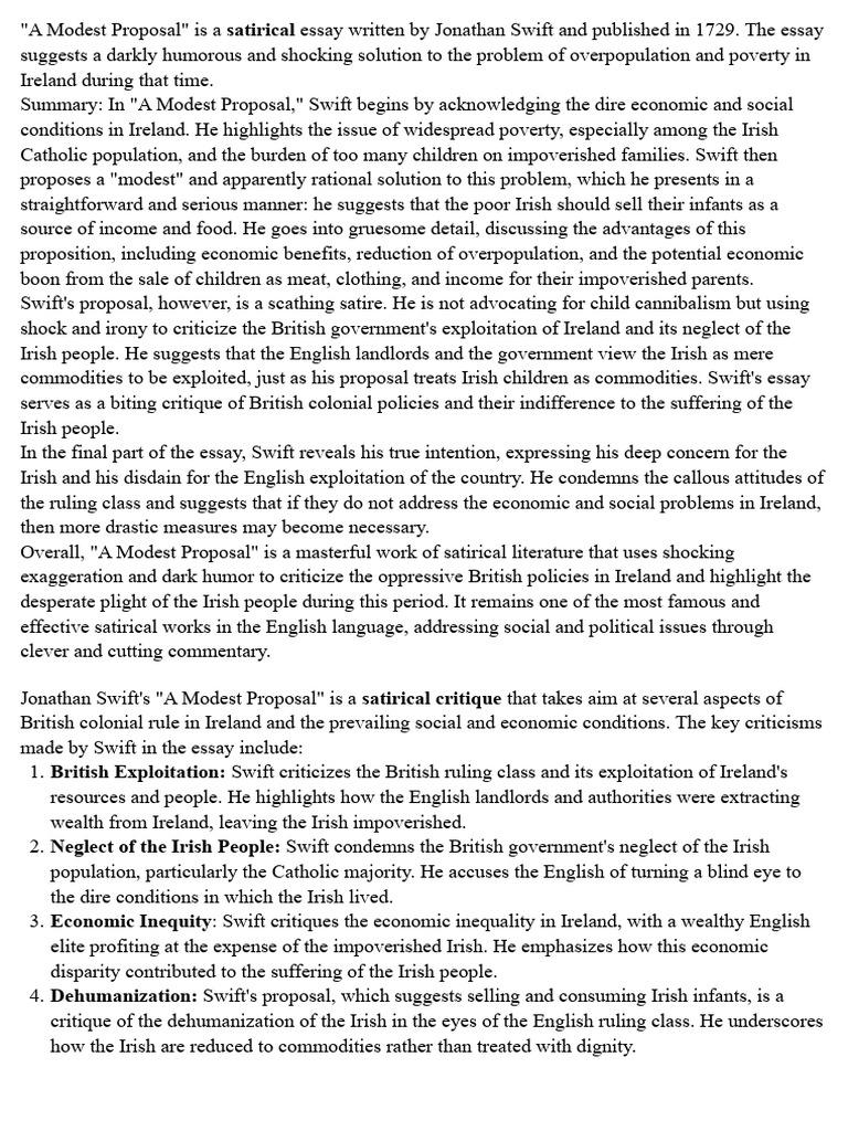 A Modest Proposal GPT PDF Satire Age Of Enlightenment