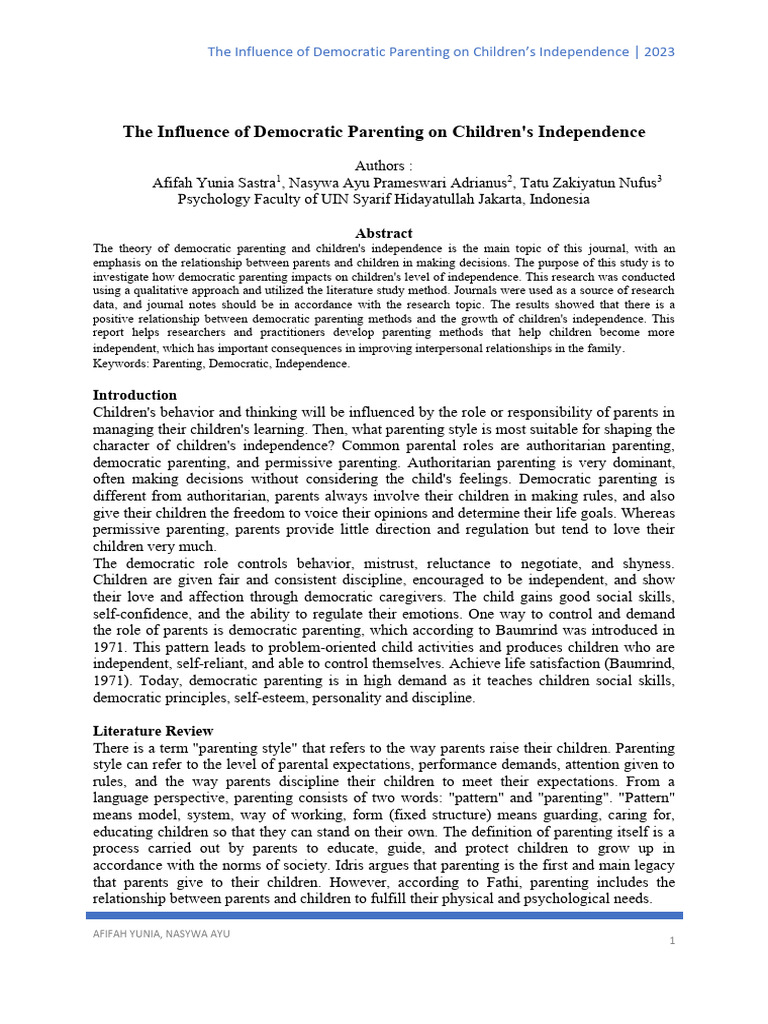 The Influence of Democratic Parenting On Children Independence | PDF ...