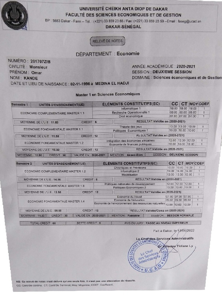Relevé de Notes M1 | PDF