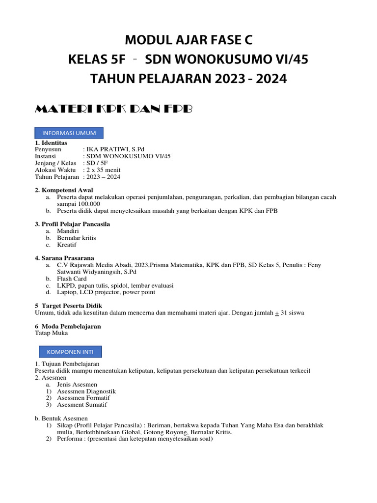 Modul Ajar KPK dan FPB Kelas 5 SD | PDF | Karier & Perkembangan | Seni