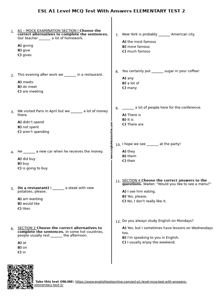 675 - Esl A1 Level MCQ Test With Answers Elementary Test 2 | PDF ...