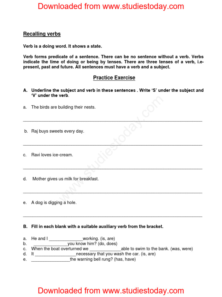 Cbse Class 5 English Assignment Pdf Verb Subject Grammar