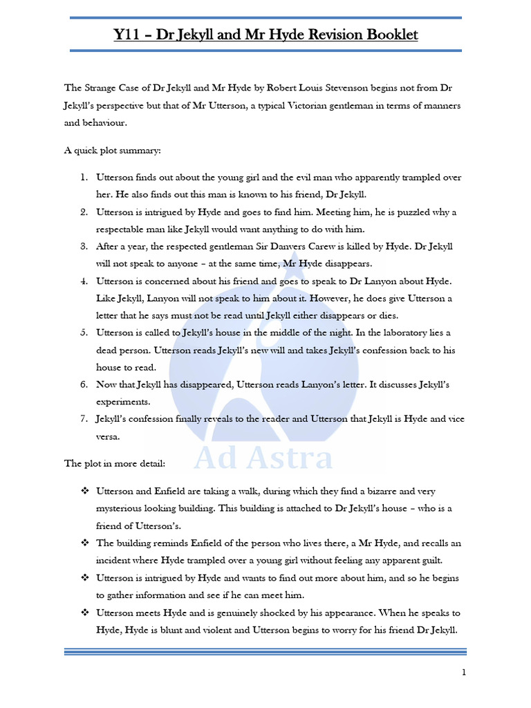 Dr Jekyll And Mr Hyde Revision Booklet Pdf Strange Case Of Dr