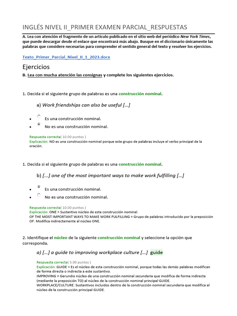 Examen Parcial Inglés Nivel II Respuestas | PDF | Adjetivo | Pronombre