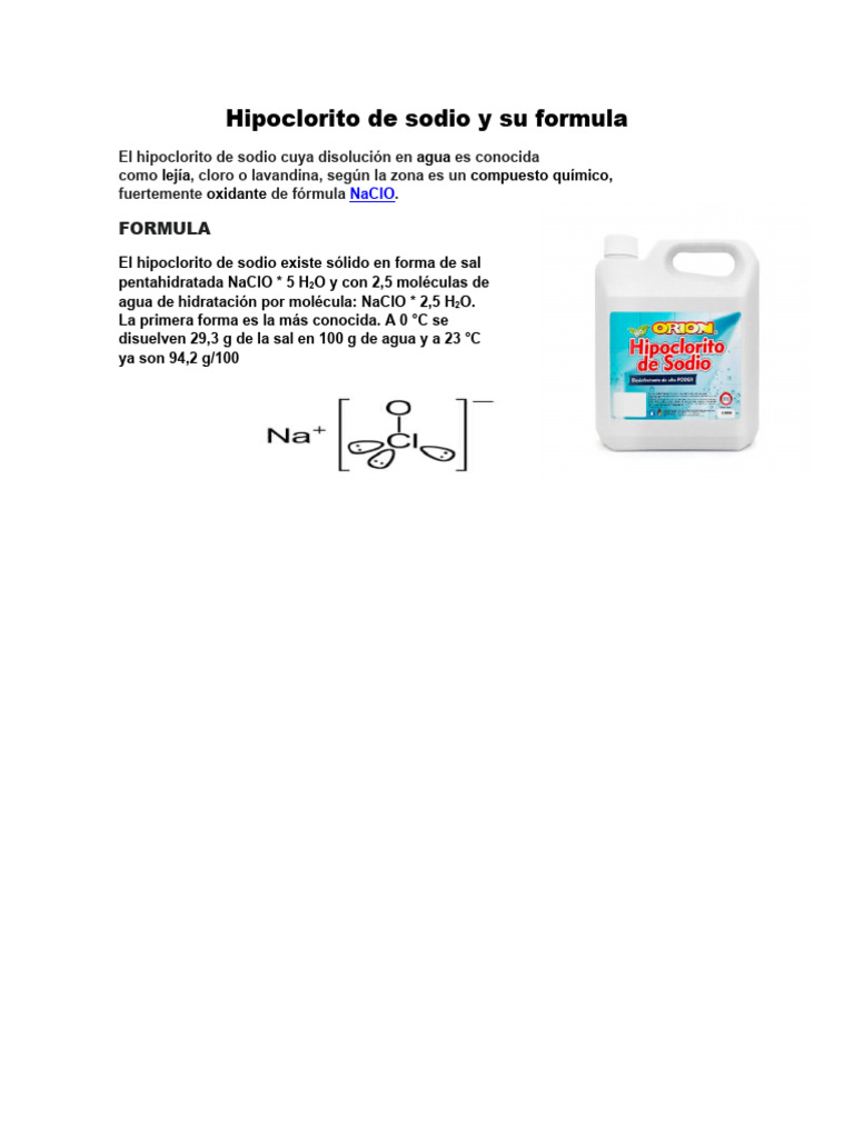 Hipoclorito de Sodio y Su Formula | PDF