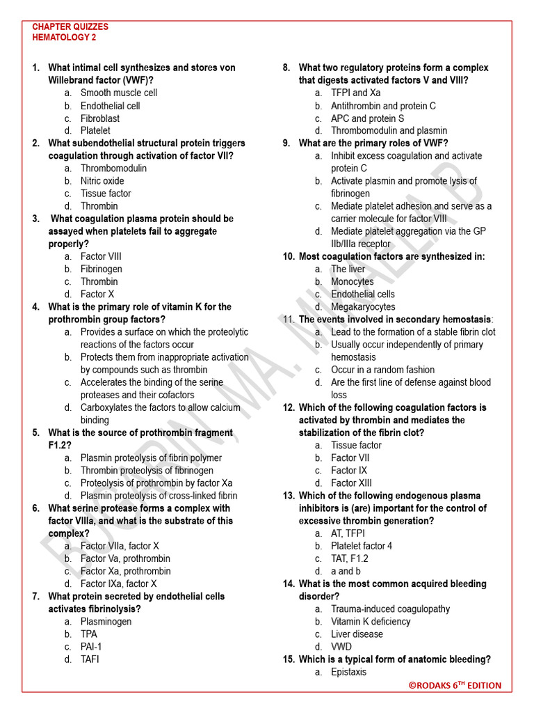 Coagulation Quiz for Hematology 2 | PDF | Coagulation | Platelet
