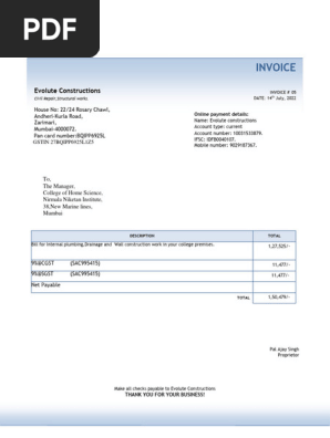 Internal plumbing work invoice.