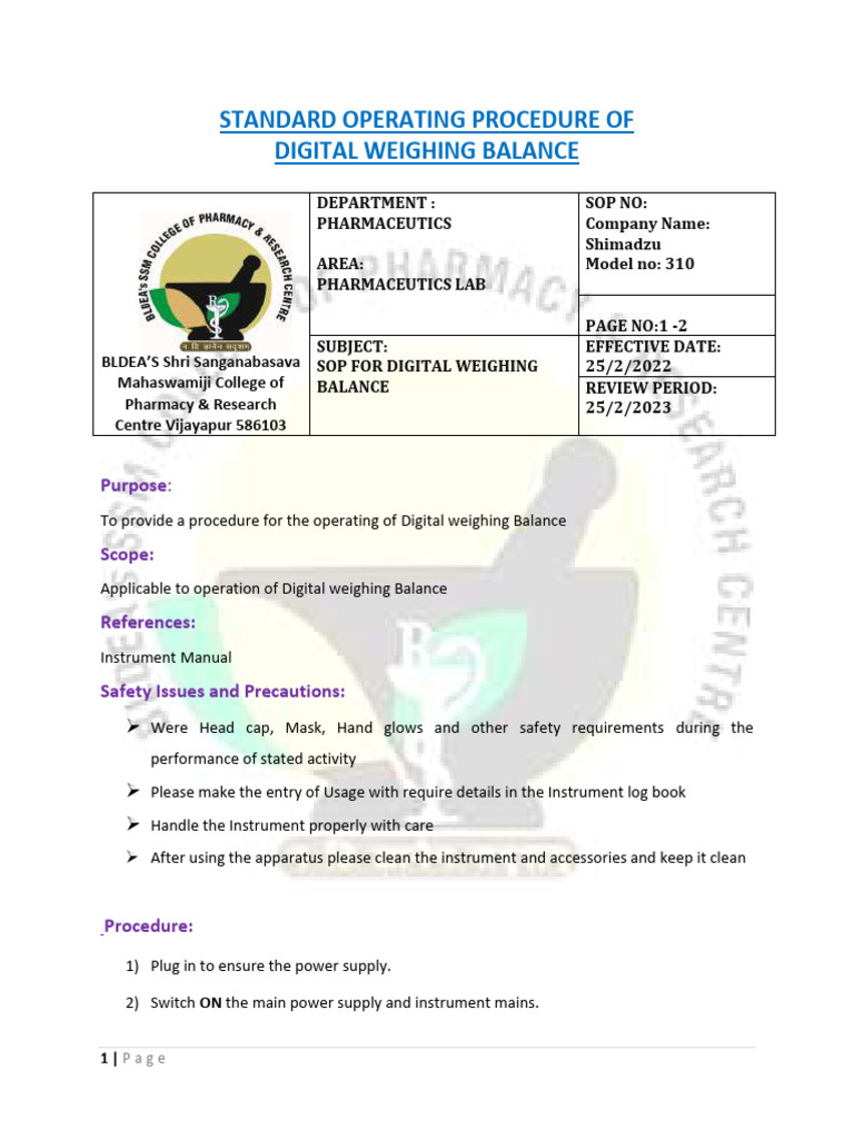 Sop Weighing Balance PDF Weight