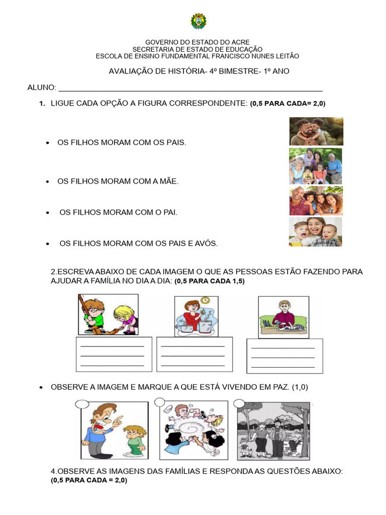 Avaliação de História - 1º Ano | PDF | Esportes e Recreação