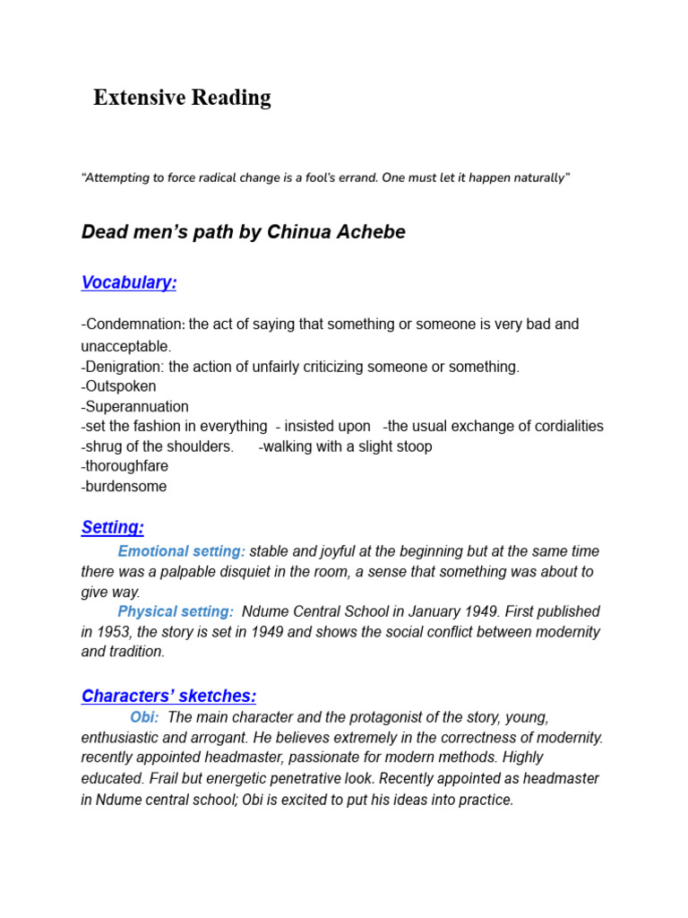 Dead Men's Path Analysis PDF Narration Traditions