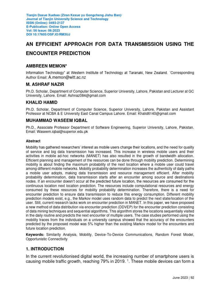 Encounter Prediction for Data Transmission | PDF | Wireless Ad Hoc ...