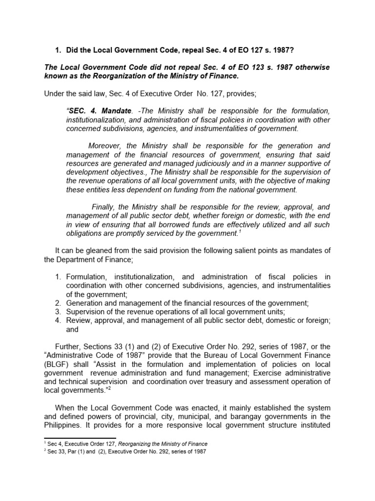 The Local Government Code Did Not Repeal Sec. 4 of EO 123 S. 1987