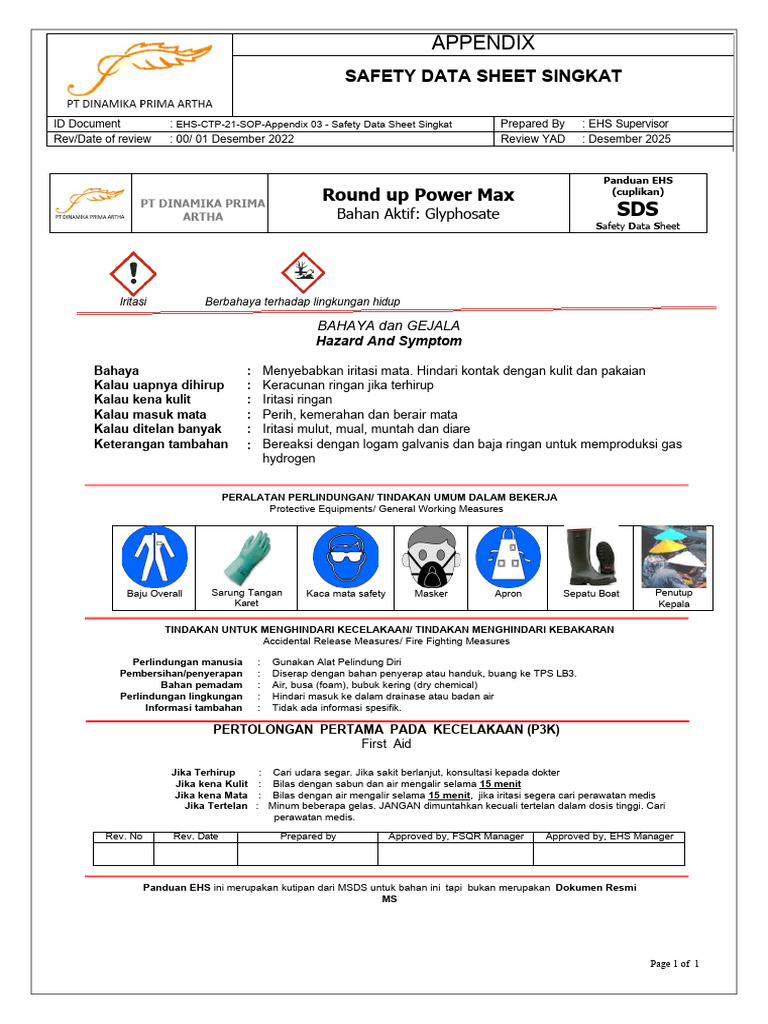 Ehs Dpa 21 Sop Appendix 03 Safety Data Sheet Singkat Pdf