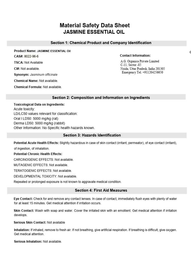 Jasmine Essential Oil MSDS PDF Toxicity Water