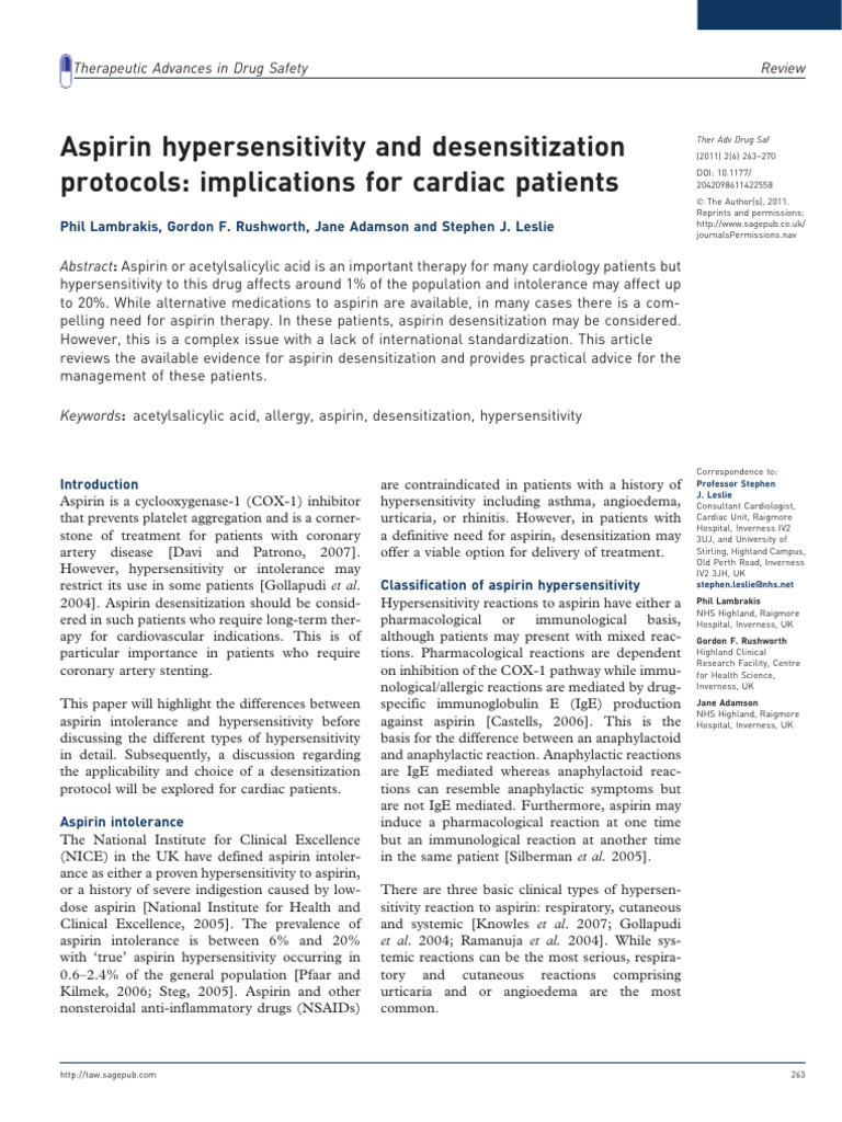 Aspirin Hypersensitivity and Desensitization Protocols Implications For Cardiac Patients PDF