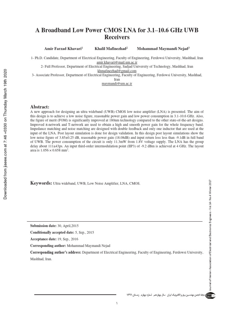 UWB CMOS LNA Design for 3.1-10.6 GHz | PDF