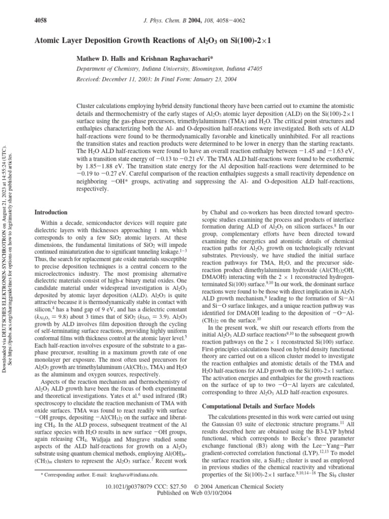 Atomic Layer Deposition Growth Reactions of Al2O3on Si | PDF